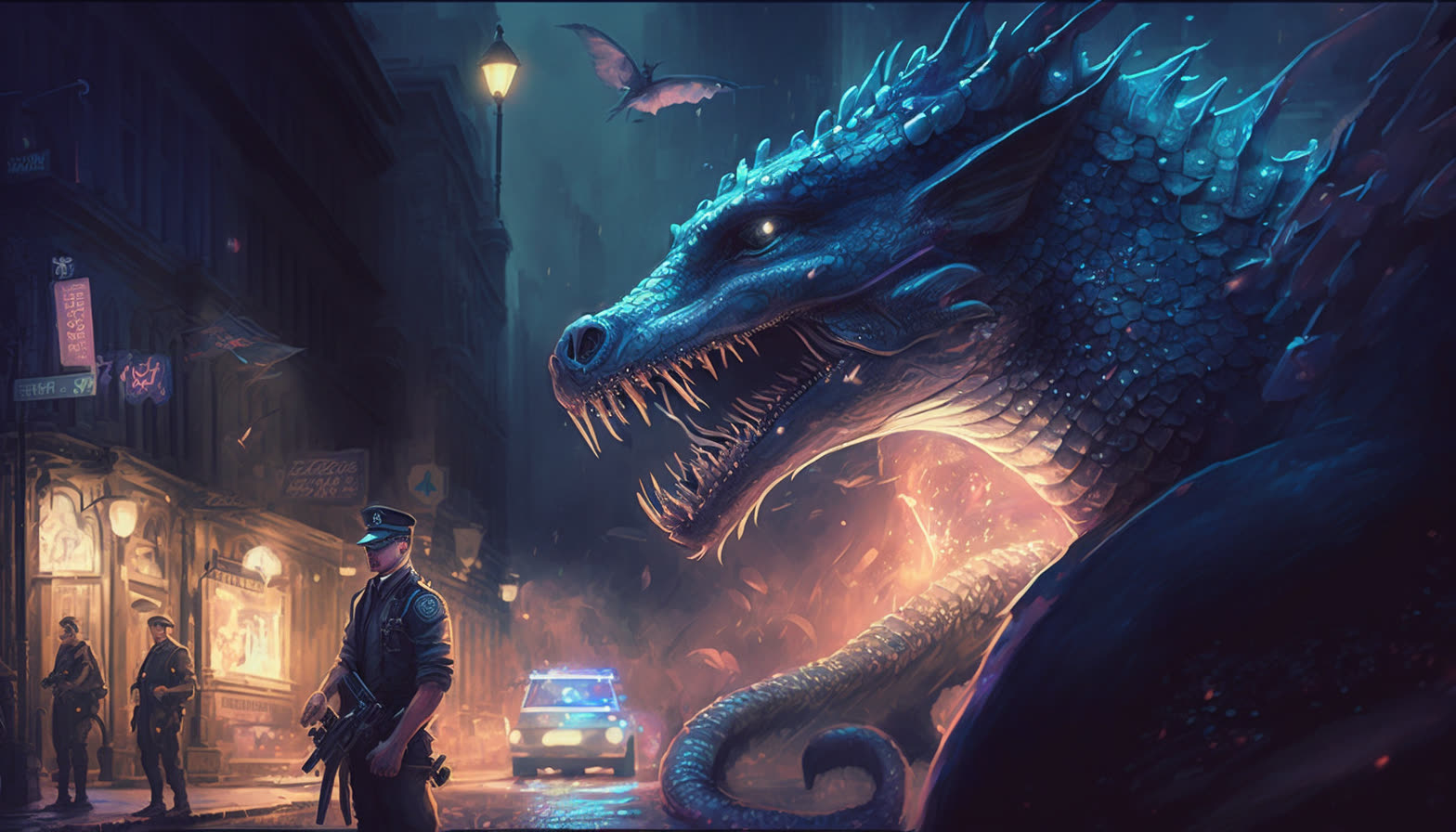 A dragon looming over a police officer on a city street at night, concept art for Black Night