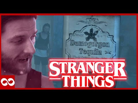 A man with a bottle of Demogorgon Tequila beside the Stranger Things logo