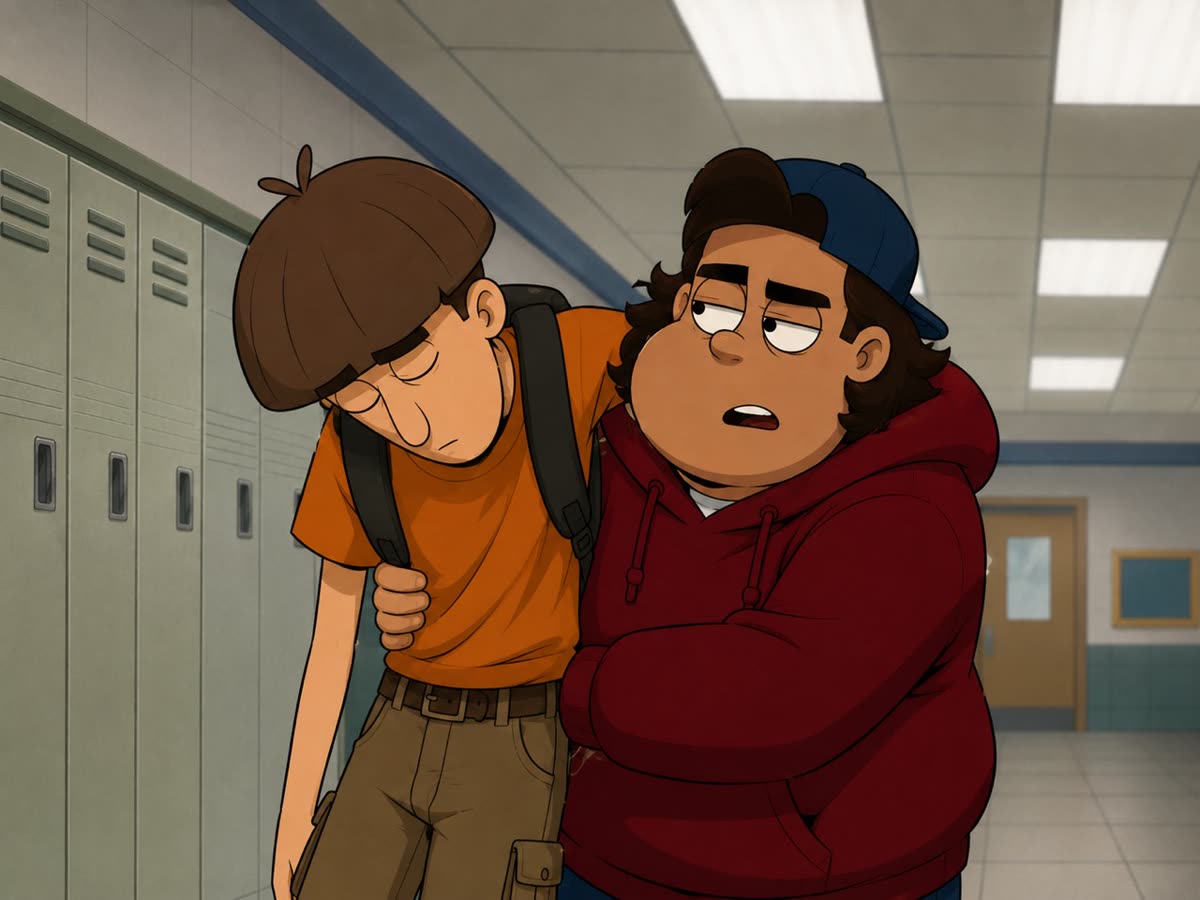 Lucas propping Danny against the school lockers